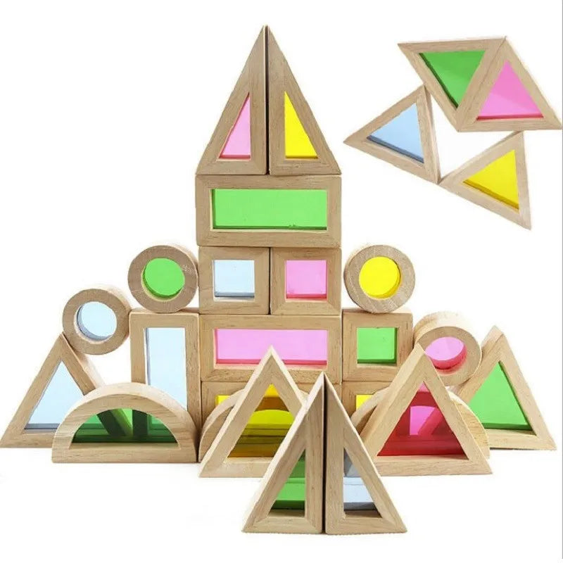 Kid Montessori Wooden Toy Rainbow Stacking Acrylic Block Colorful Learn Educational Construction Building Toys Set  For Ages 2+