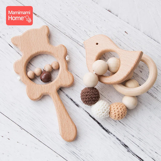 Set de Juguetes Montessori: Sonajero Musical de Madera con Pulsera de Crochet y Mordedor para Bebés