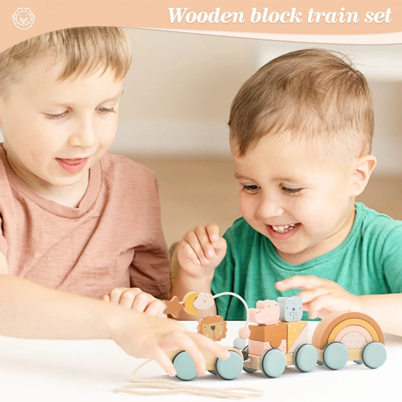 Baby Wooden Trailer Car Toys Rainbow Stacking Balance Blocks Animal Traction Car Star Moon Slider Beads For Kids Montessori Toys