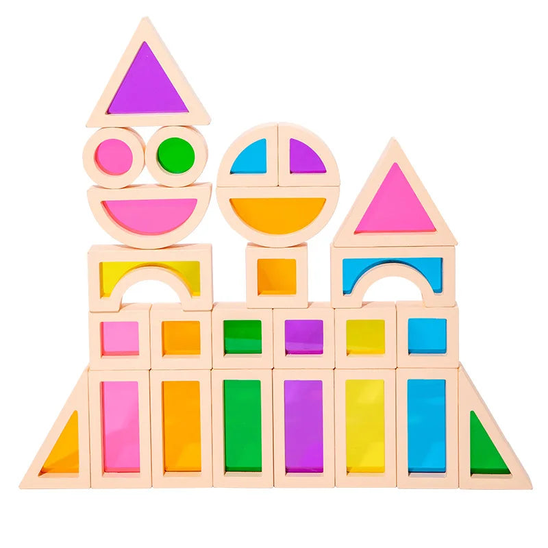 Kid Montessori Wooden Toy Rainbow Stacking Acrylic Block Colorful Learn Educational Construction Building Toys Set  For Ages 2+