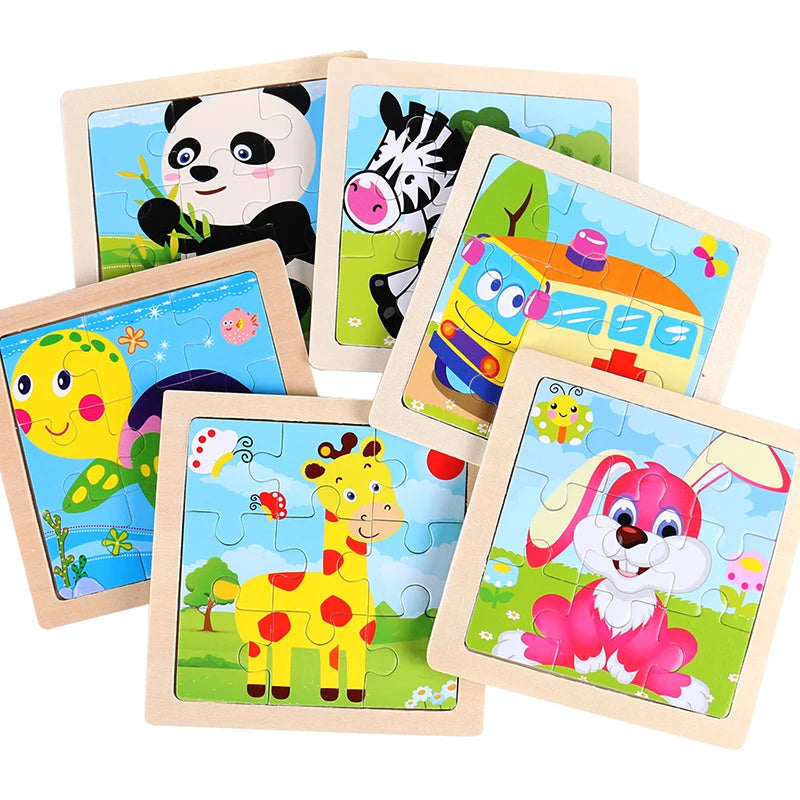 11cm/4.33in Kids Wooden Jigsaw Puzzle Games Cartoon Animal Vehicle Pattern Children Montessori Educational Toys