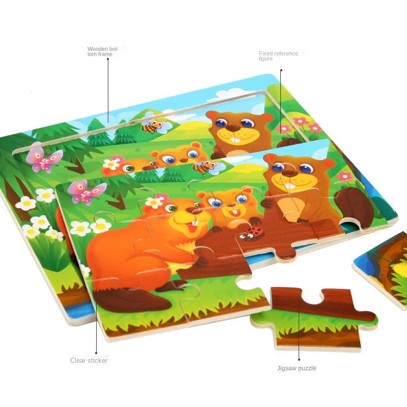 12piece Wooden Jigsaw Puzzle Cartoon Animal Parent-child Theme Puzzles Game Kids Montessori Educational Toys for Children Gifts