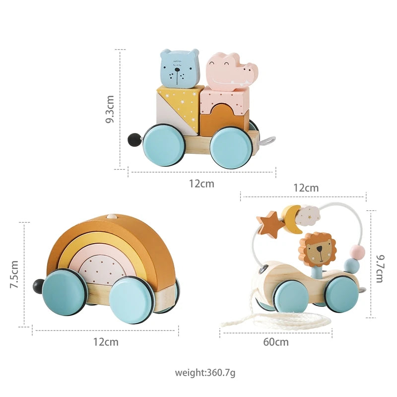 Baby Wooden Trailer Car Toys Rainbow Stacking Balance Blocks Animal Traction Car Star Moon Slider Beads For Kids Montessori Toys