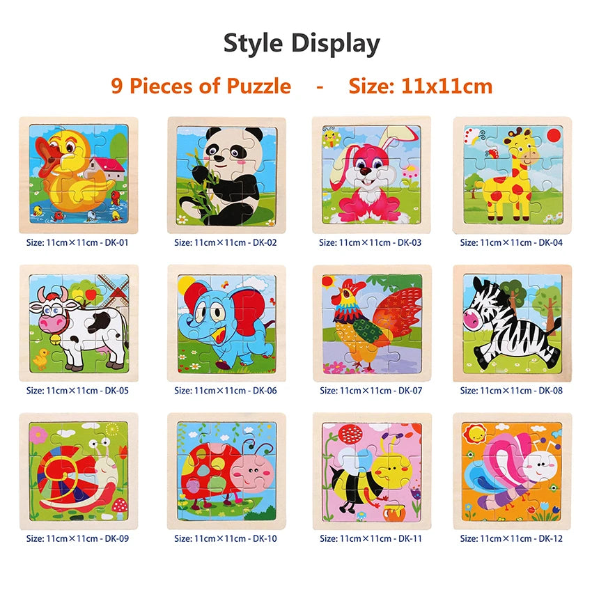 11cm/4.33in Kids Wooden Jigsaw Puzzle Games Cartoon Animal Vehicle Pattern Children Montessori Educational Toys