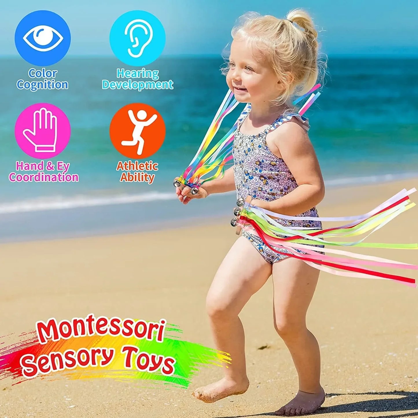 Montessori Style Sensory Toy BPA-free Non-toxic Baby Ribbon Ring Newborns Upwards Develop Colour Recognition Sensory Toy