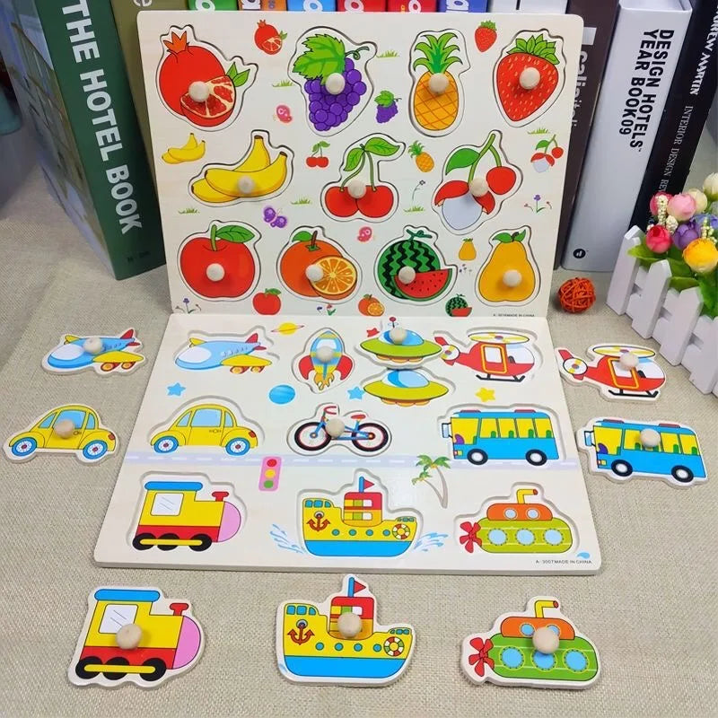 1PCS Baby Toys Montessori Wooden Puzzle Hand Grab Board Educational Wood Puzzles for Kids Cartoon Animal Vehicle Child Gift